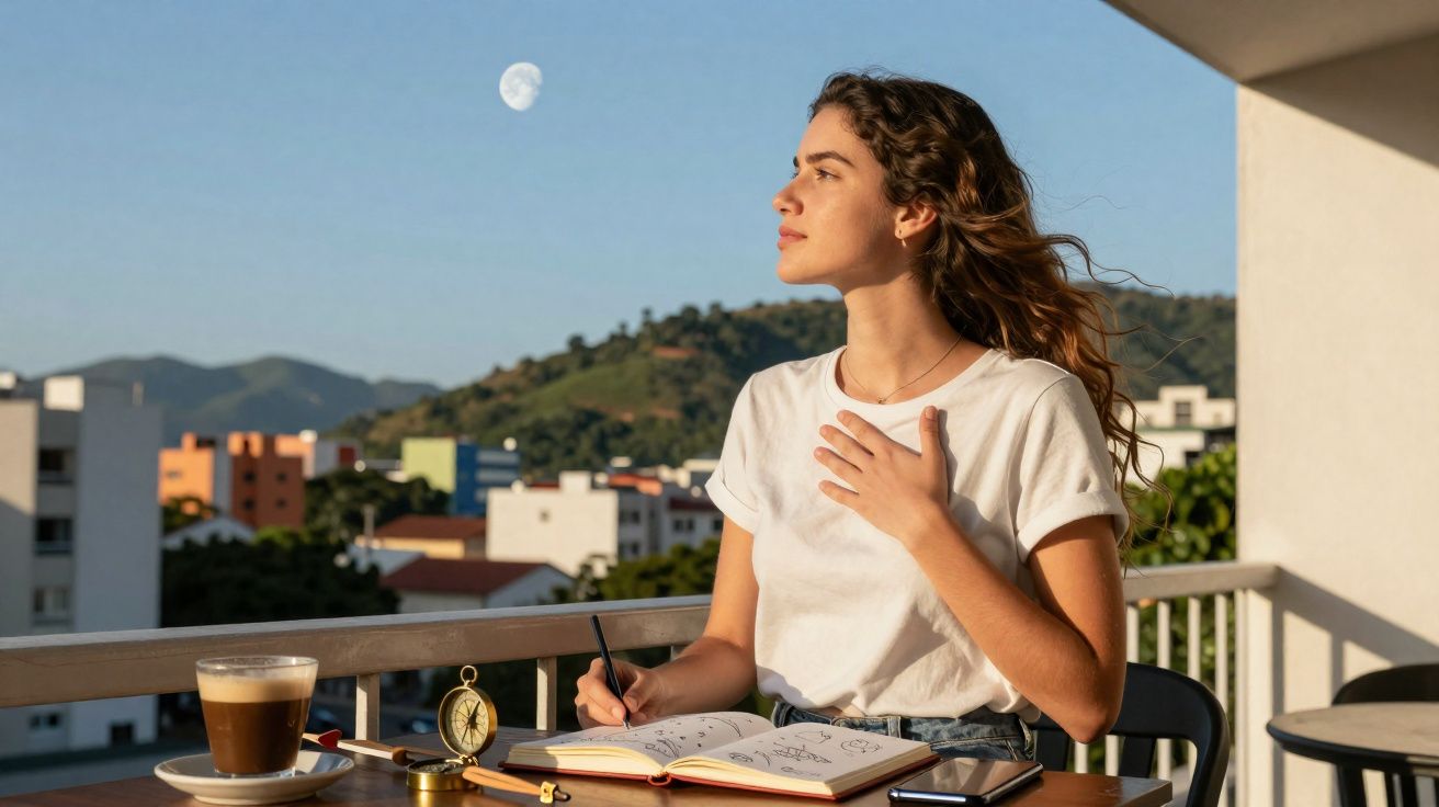 Mulher sentada numa varanda ao sol, escrevendo num caderno com café e bússola na mesa, olhando para a lua.