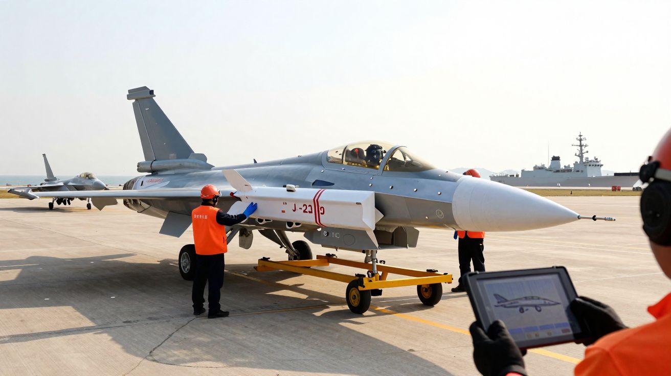 Caça militar cinzento na pista com pessoal em coletes laranja e tablet a controlar operações no aeroporto.