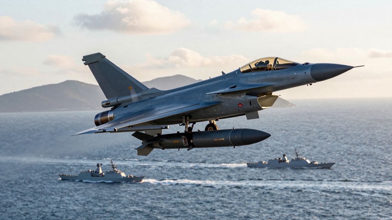 Caça militar a jato voando sobre o mar com duas embarcações navais ao fundo e montanhas distantes.