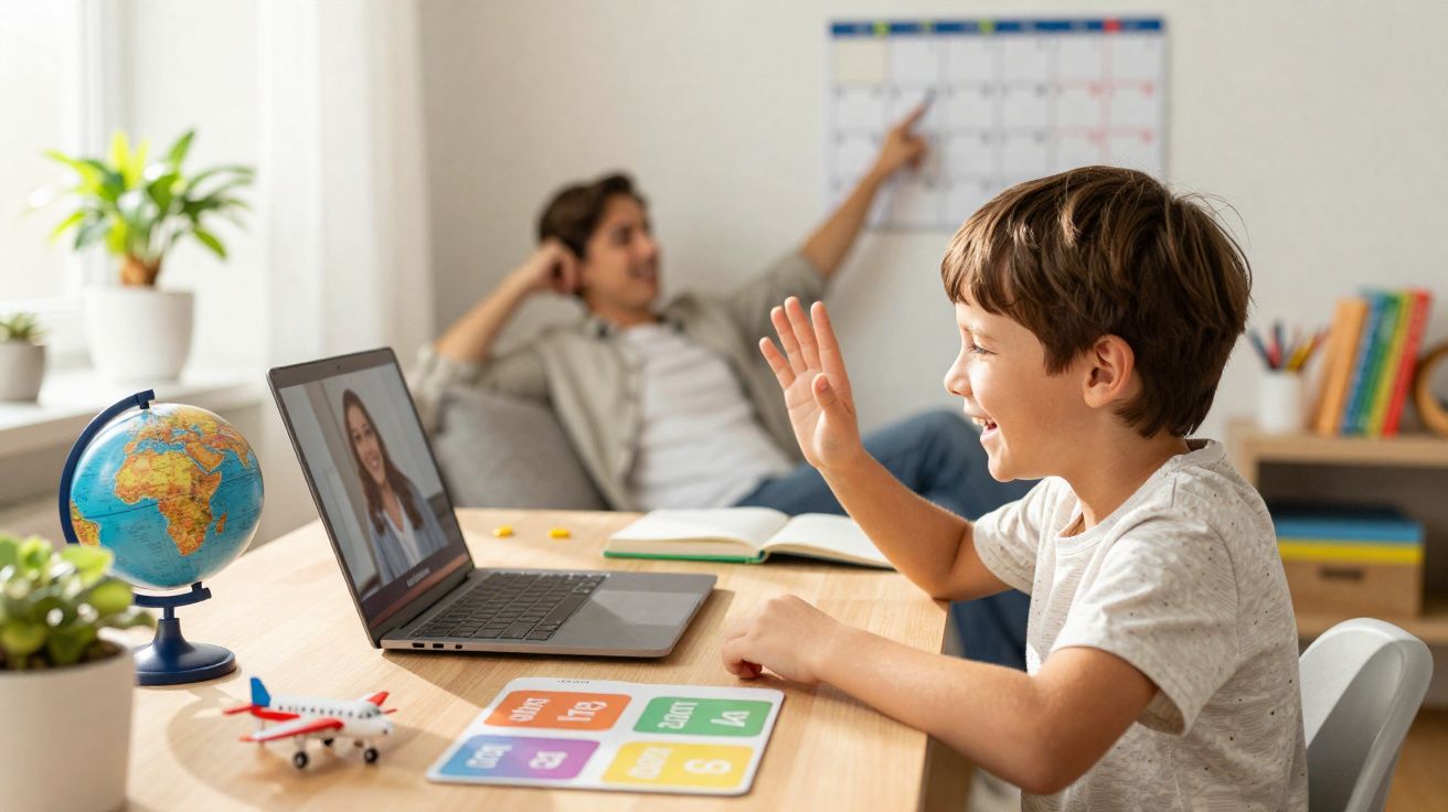 Criança numa videochamada educativa com mulher, enquanto adulto observa calendário ao fundo.