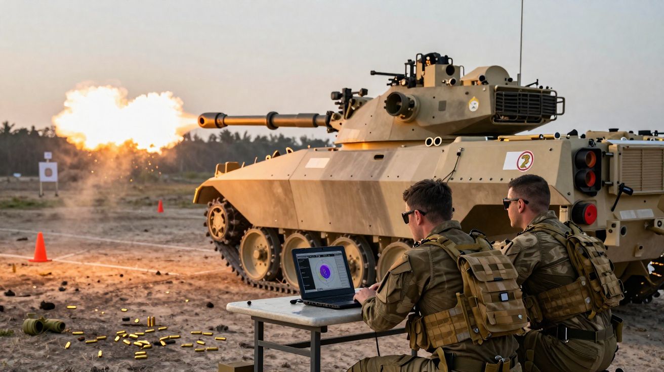 Dois soldados operam um computador enquanto um tanque dispara munição num campo de treino.