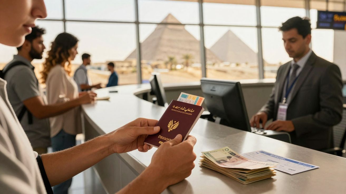 Pessoa apresenta passaporte e bilhetes numa área de check-in com pirâmide ao fundo.