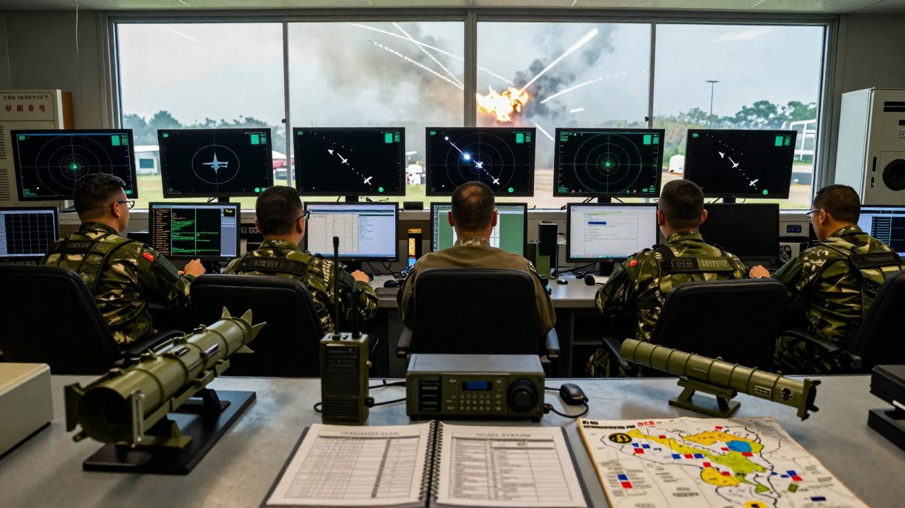 Cinco militares observam e operam radares e computadores com explosão visível através da janela.