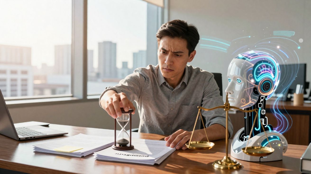 Homem a segurar uma ampulheta junto a uma balança e a um busto robótico numa mesa de escritório.