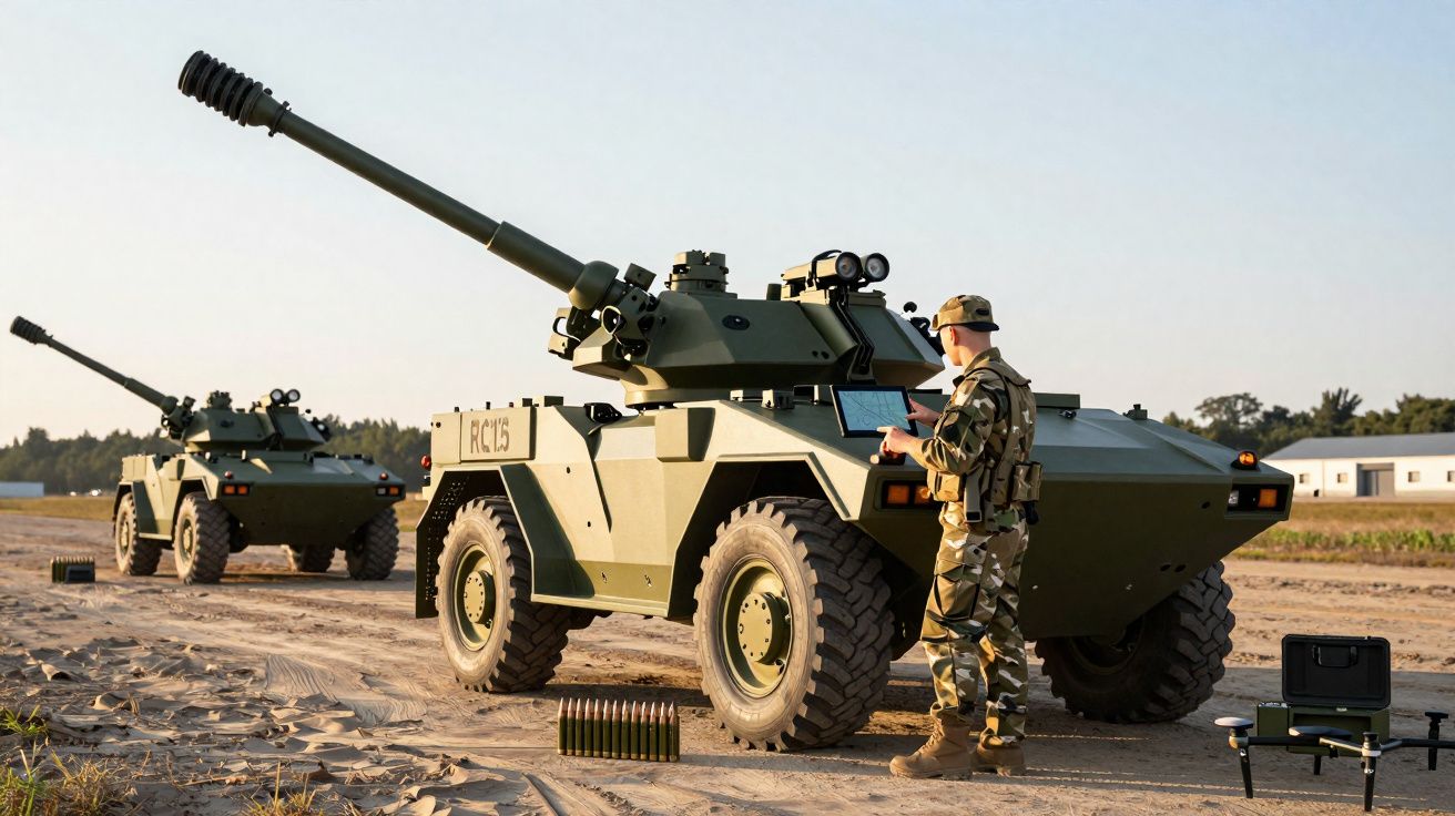 Soldado em uniforme camuflado operando veículo blindado de combate com canhão em terreno arenoso ao pôr do sol.