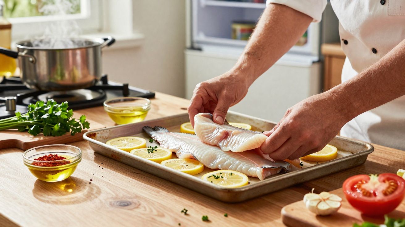 Chef a preparar filetes de peixe com limão numa tabuleiro na cozinha luminosa.