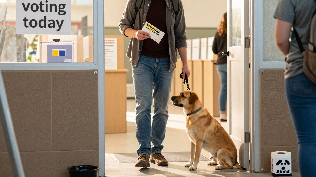 Pessoa com cão guia entra em local de votação com cartaz "voting today" na porta.