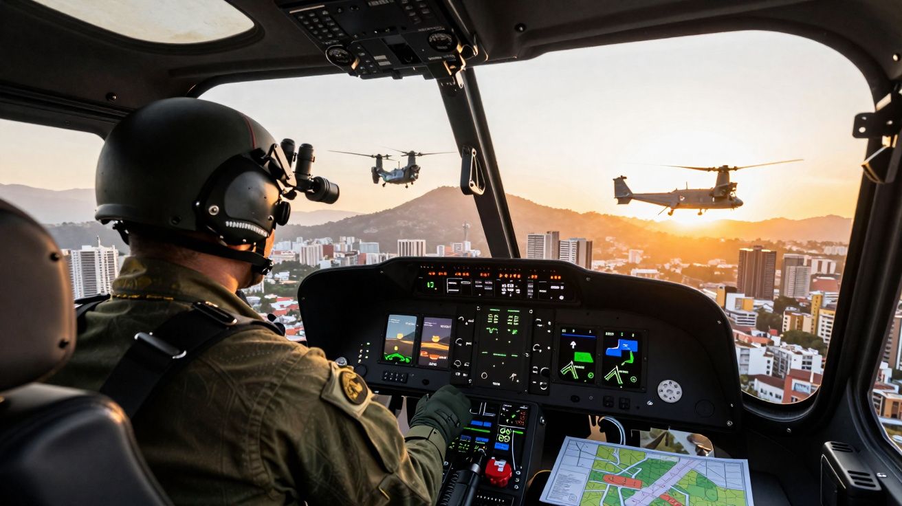 Piloto militar controla helicóptero com dois helicópteros em voo ao pôr do sol sobre uma cidade.