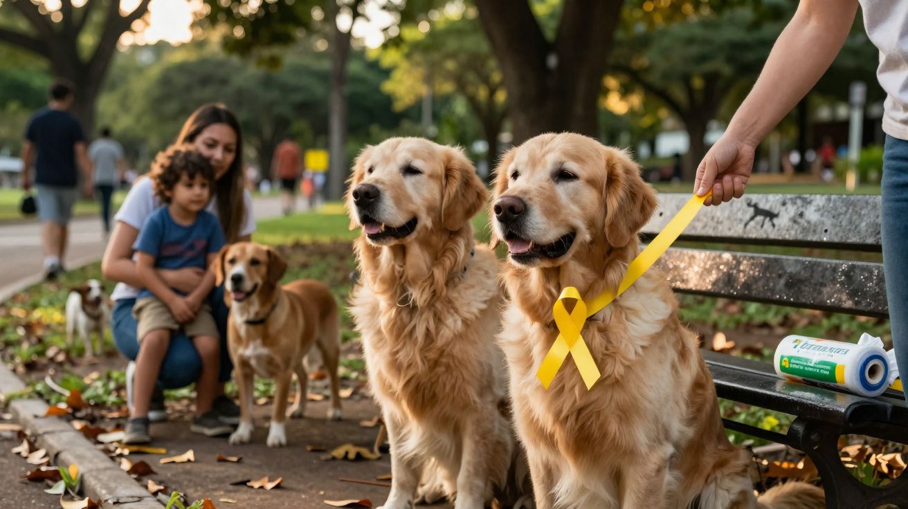 Dois cães golden retriever sentados num parque, um com fita amarela ao pescoço, pessoas ao fundo.
