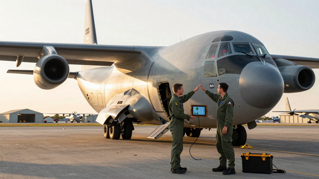 Dois militares a cumprimentar-se em frente a um avião militar estacionado na pista ao entardecer.