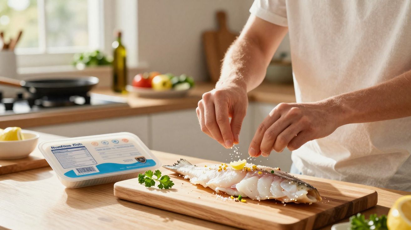 Pessoa tempera peixe cru num tabuleiro de madeira numa cozinha moderna com luz natural.
