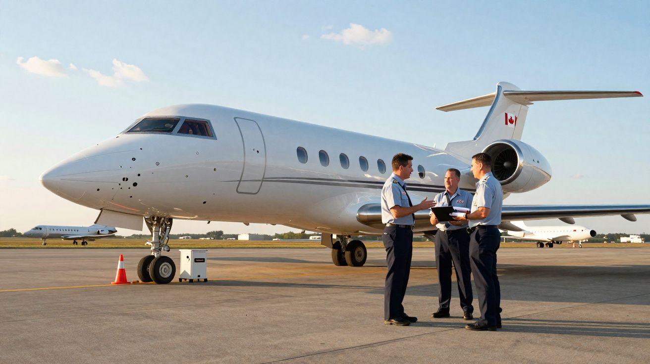 Três pilotos de uniforme conversam no aeroporto junto a um jato privado branco com bandeira do Canadá na cauda.