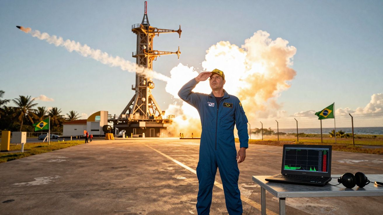 Homem em fato azul a saudar no lançamento de foguete em plataforma com bandeiras do Brasil ao fundo.
