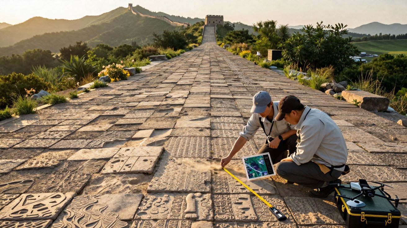Duas pessoas medem artefactos antigos na muralha, com vegetação e montanhas ao fundo ao pôr do sol.