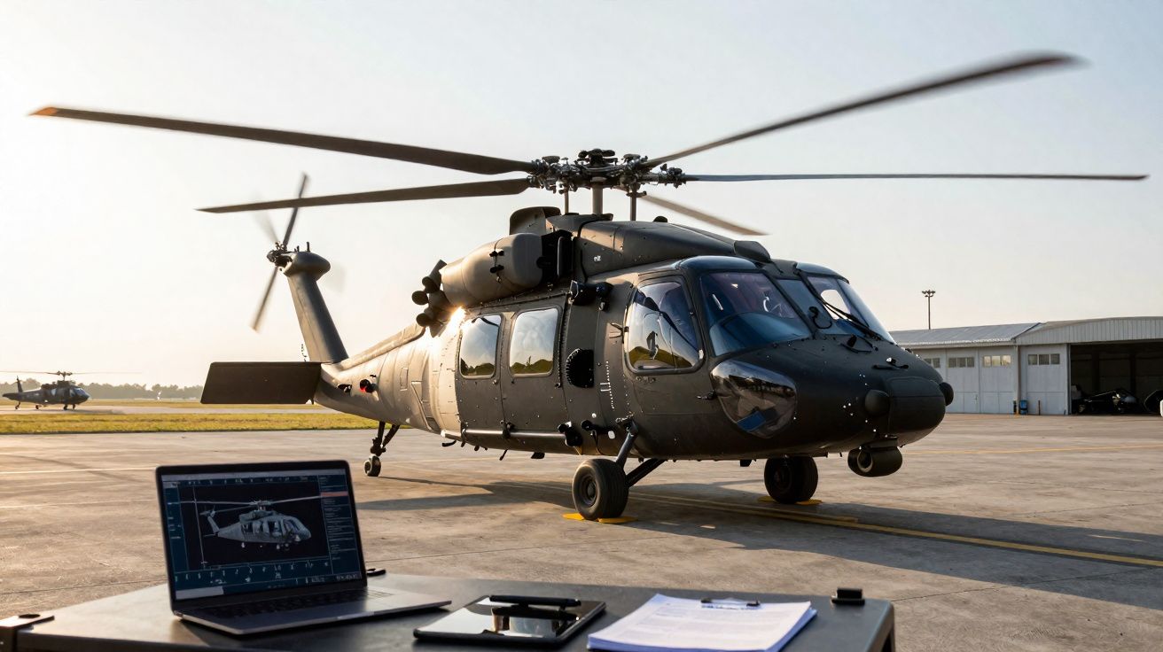 Helicóptero militar estacionado em pista com computador e documentos sobre mesa em primeiro plano.