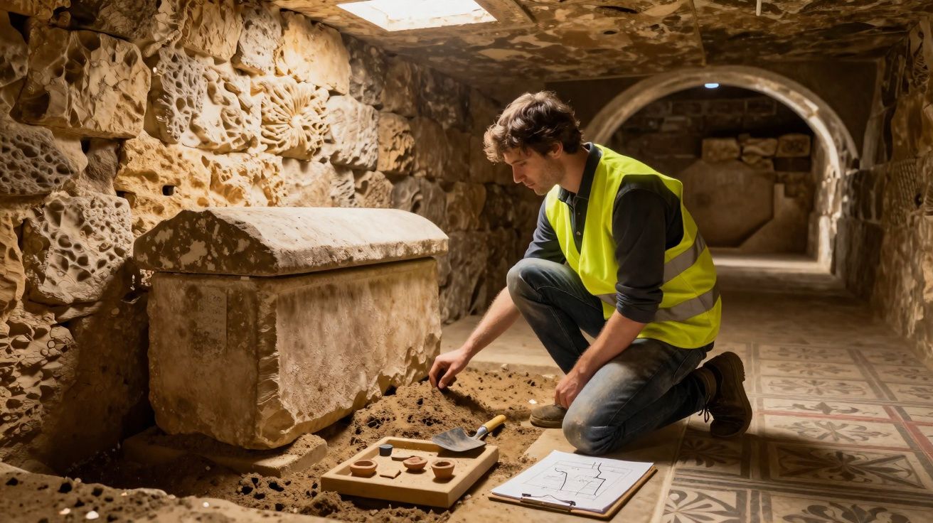 Arqueólogo em colete fluorescente examina achados junto a sarcófago numa catacumba antiga.