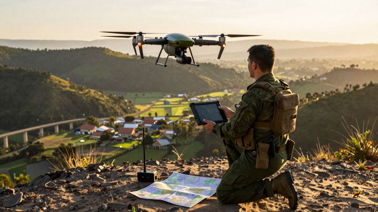 Soldado em uniforme militar controla drone com tablet no topo de colina com aldeia e montanhas ao fundo.