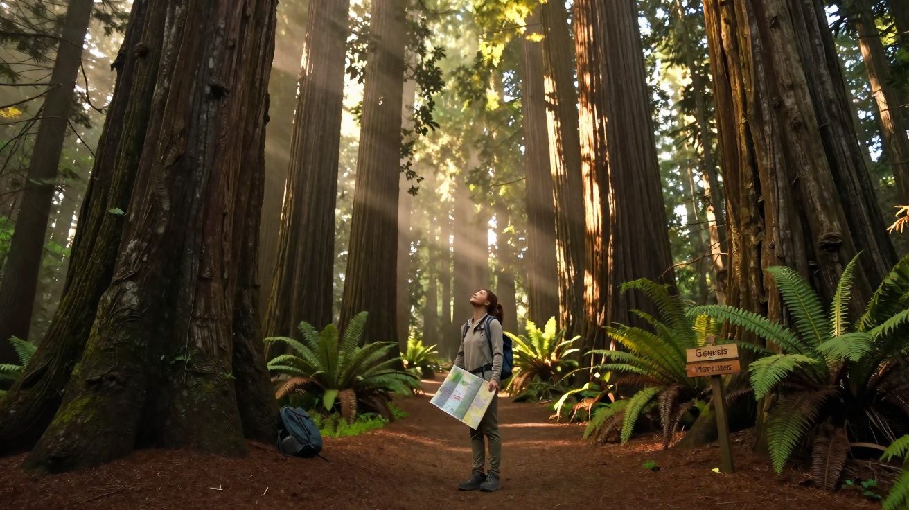 Pessoa com mochila observa a luz solar entre altas árvores numa floresta densa com plantas e sinalização.