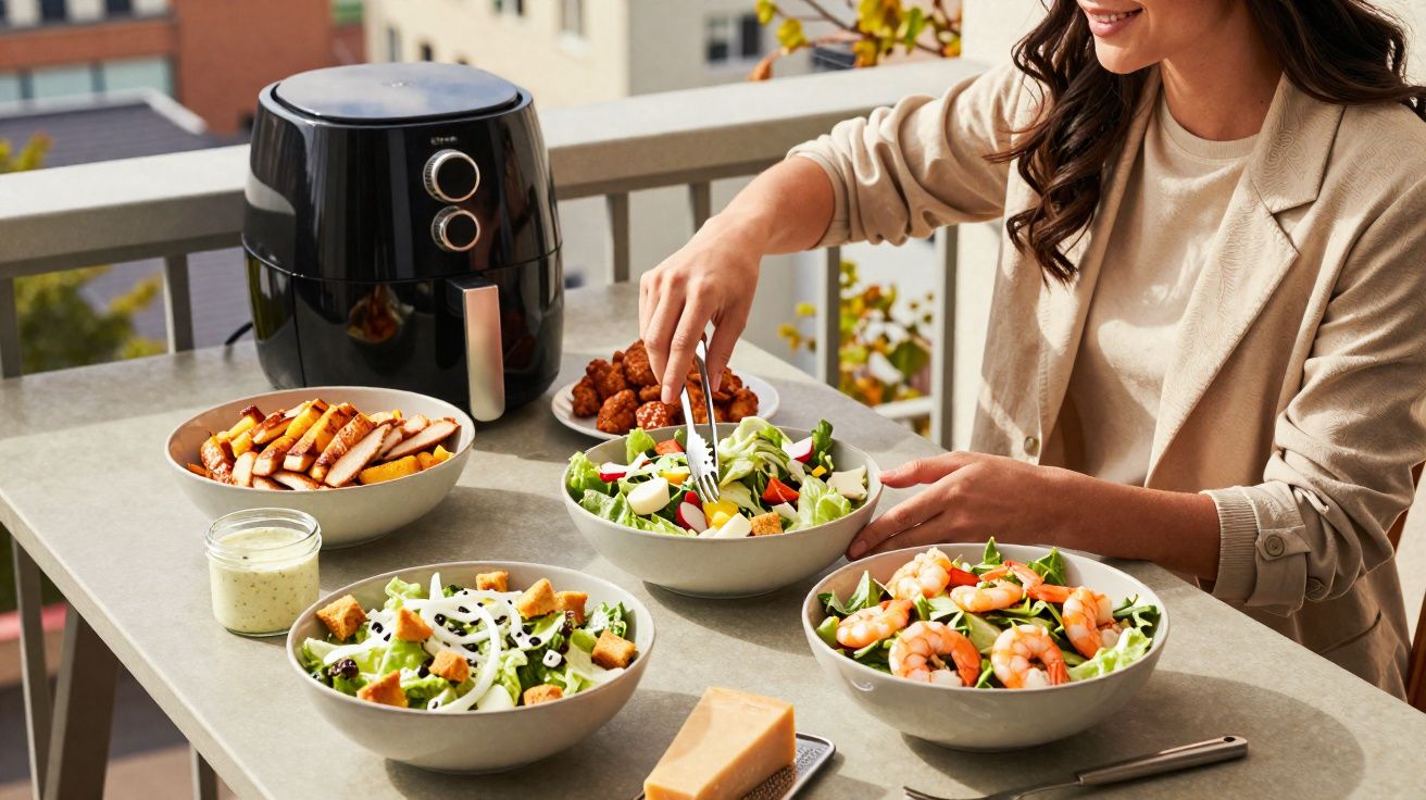 Mulher a preparar salada numa mesa com fritadeira e pratos de comida saudável numa varanda urbana.