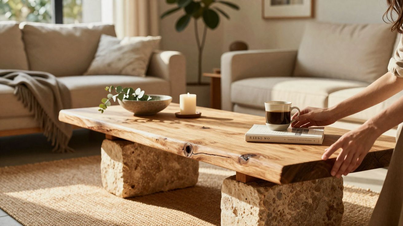 Mesa de centro rústica em madeira e pedra, com vela, planta e livro numa sala com sofás bege.