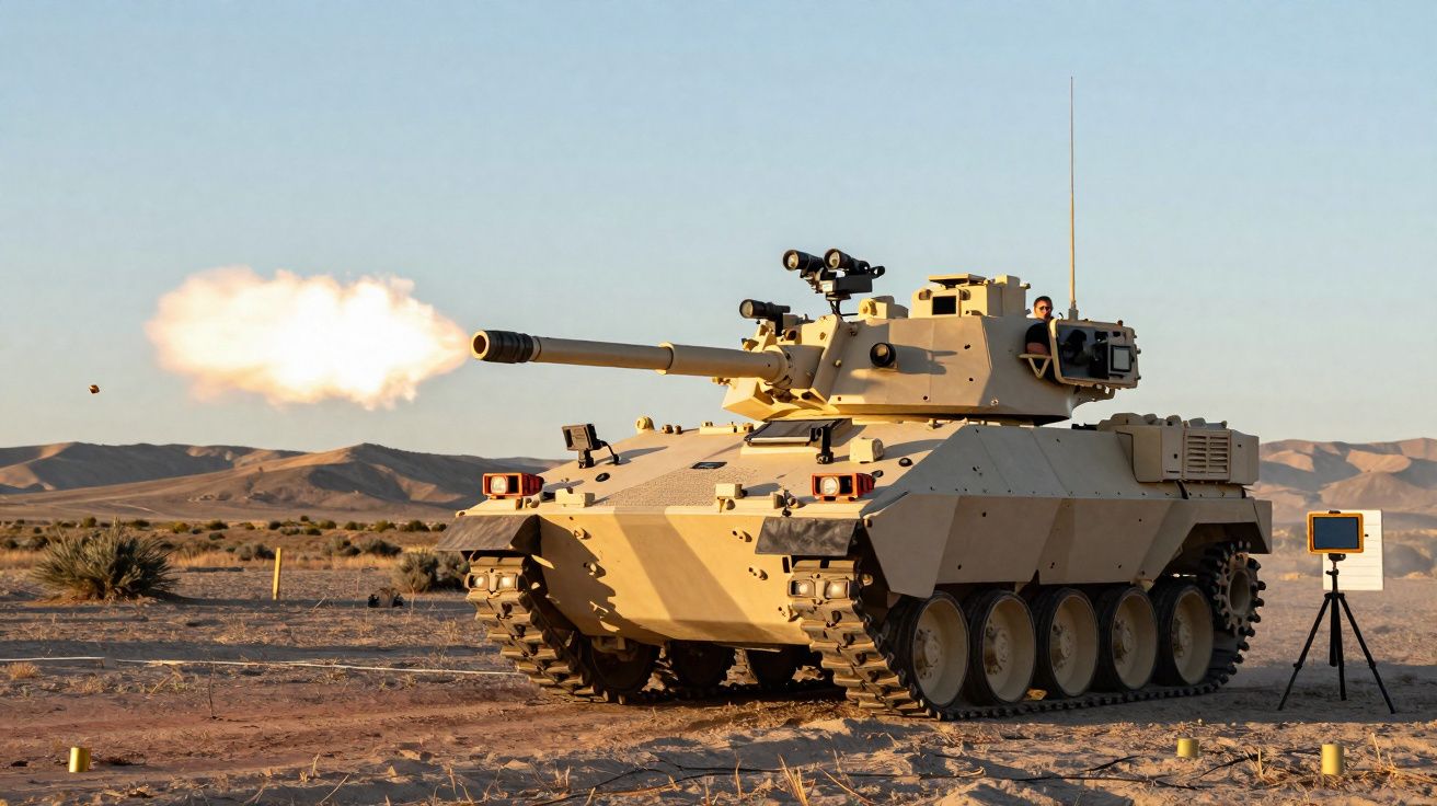 Tanque militar moderno a disparar num terreno árido com montanhas ao fundo ao pôr do sol.