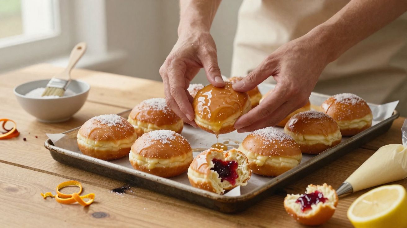 Pão doce recheado com creme e geleia, coberto com açúcar, num tabuleiro e mãos a regar mel por cima.