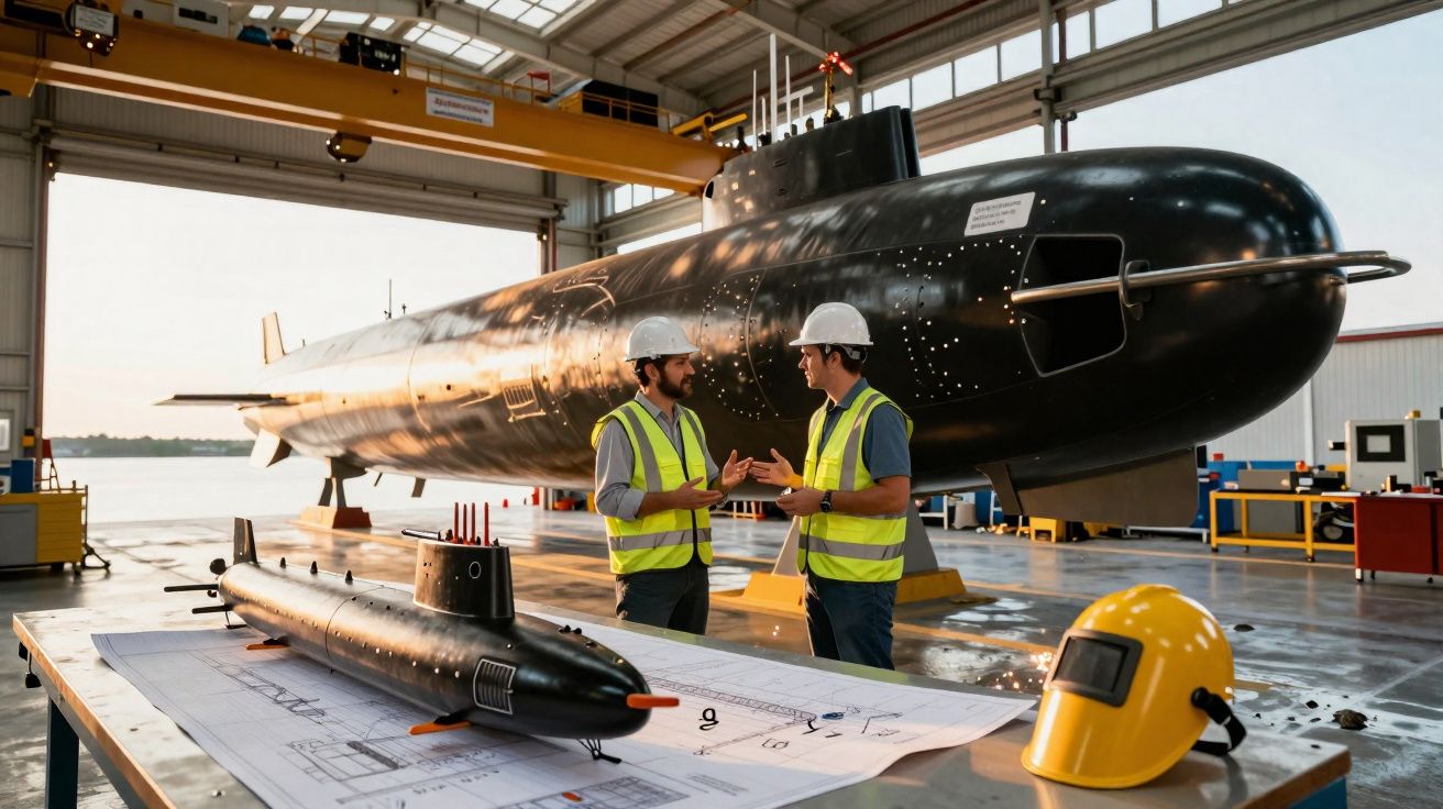 Dois engenheiros com coletes e capacetes discutem junto a modelo e submarino real numa oficina naval.