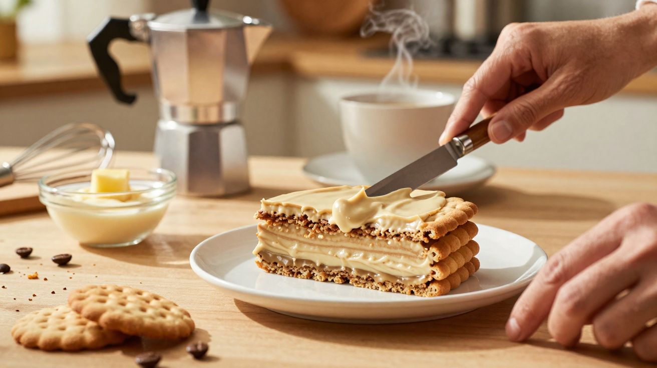 Mãos a barrar creme num bolo de bolacha numa cozinha com café a fumegar ao fundo.