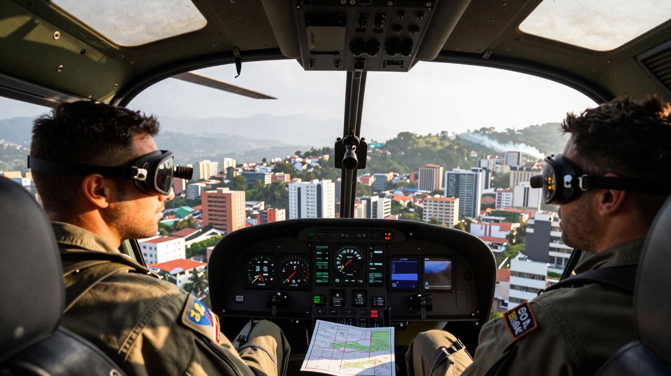 Dois pilotos com óculos escuros no cockpit de helicóptero sobrevoando uma cidade com edifícios e colinas.