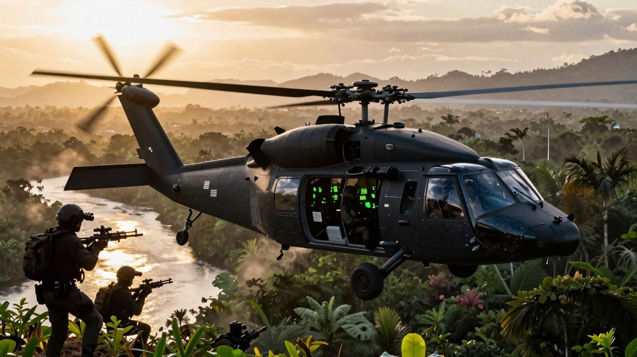 Helicóptero militar em voo baixo sobre vegetação, com soldados armados em posição de combate ao pôr do sol.