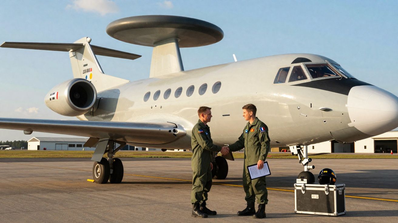 Dois pilotos militares apertam as mãos junto a um avião de reconhecimento com radar no teto, estacionado na pista.