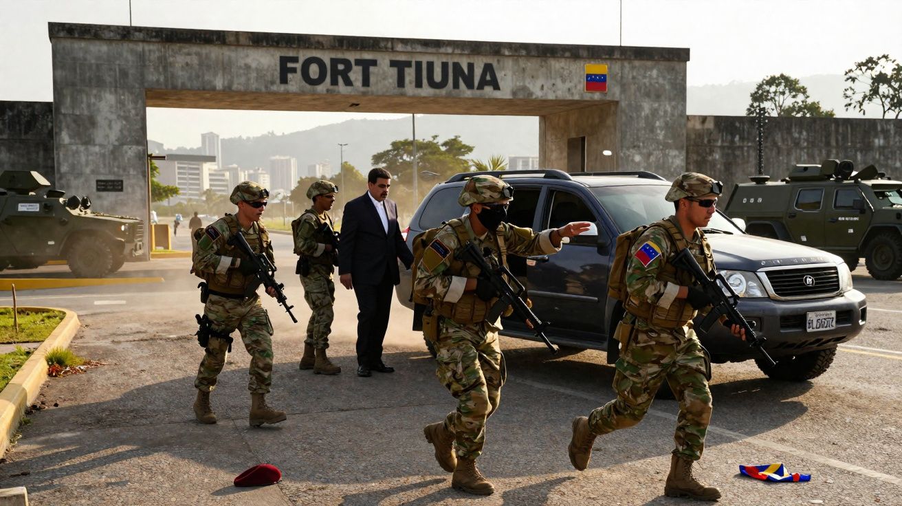 Soldados armados escoltam homem de fato junto a viatura em entrada do Forte Tiuna, Venezuela, bandeira caída no chão.