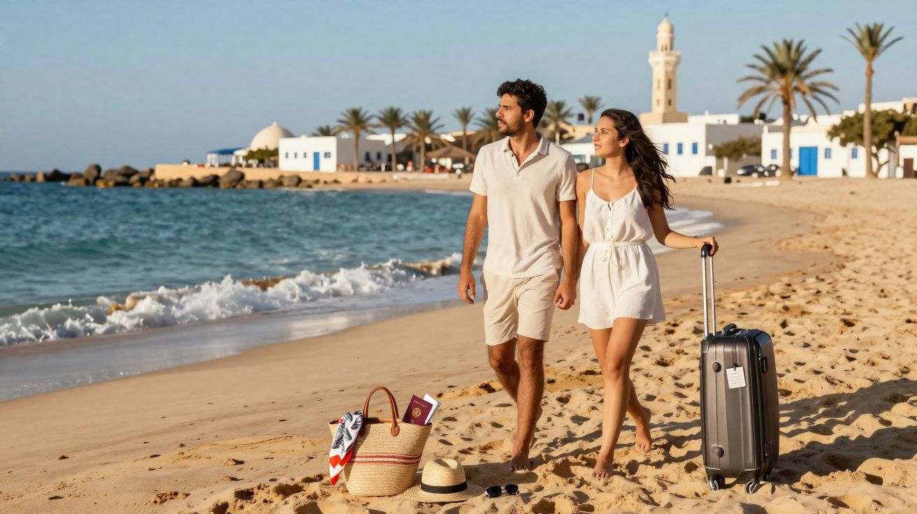 Casal jovem a caminhar na praia com mala e bolsa, céu limpo e edifícios com palmeiras ao fundo.