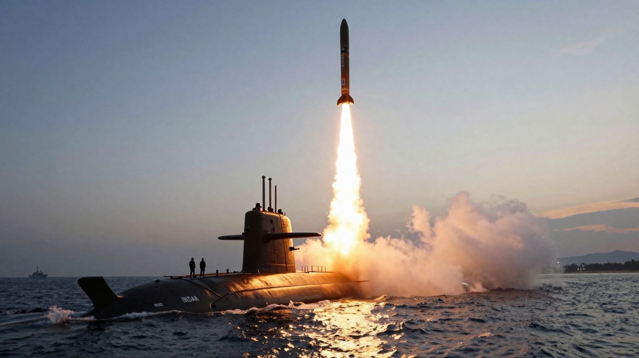 Submarino a superfície com míssil a ser lançado ao pôr do sol no mar calmo.