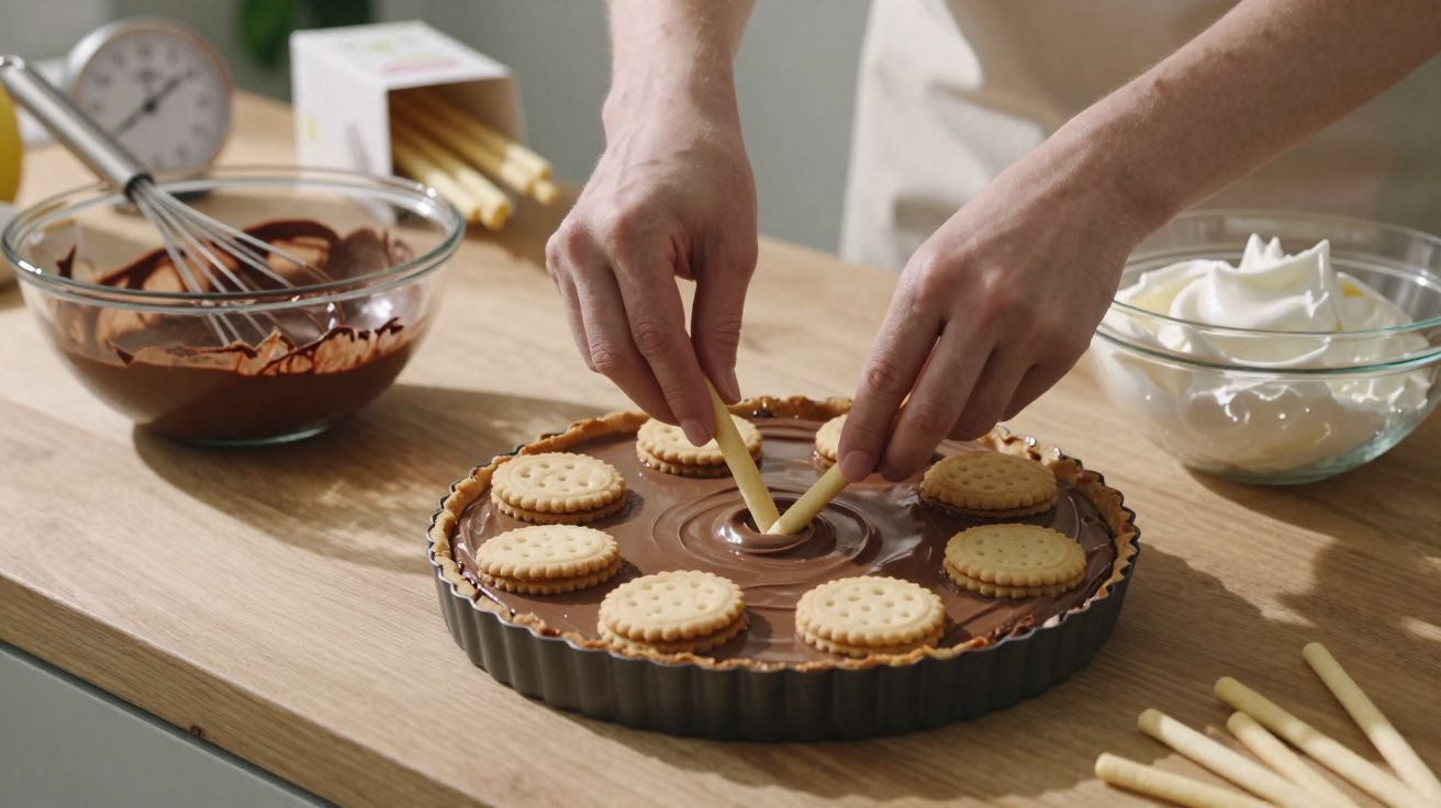 Mãos a decorar tarte de chocolate com bolachas e palitos numa cozinha com taças de creme e chocolate.