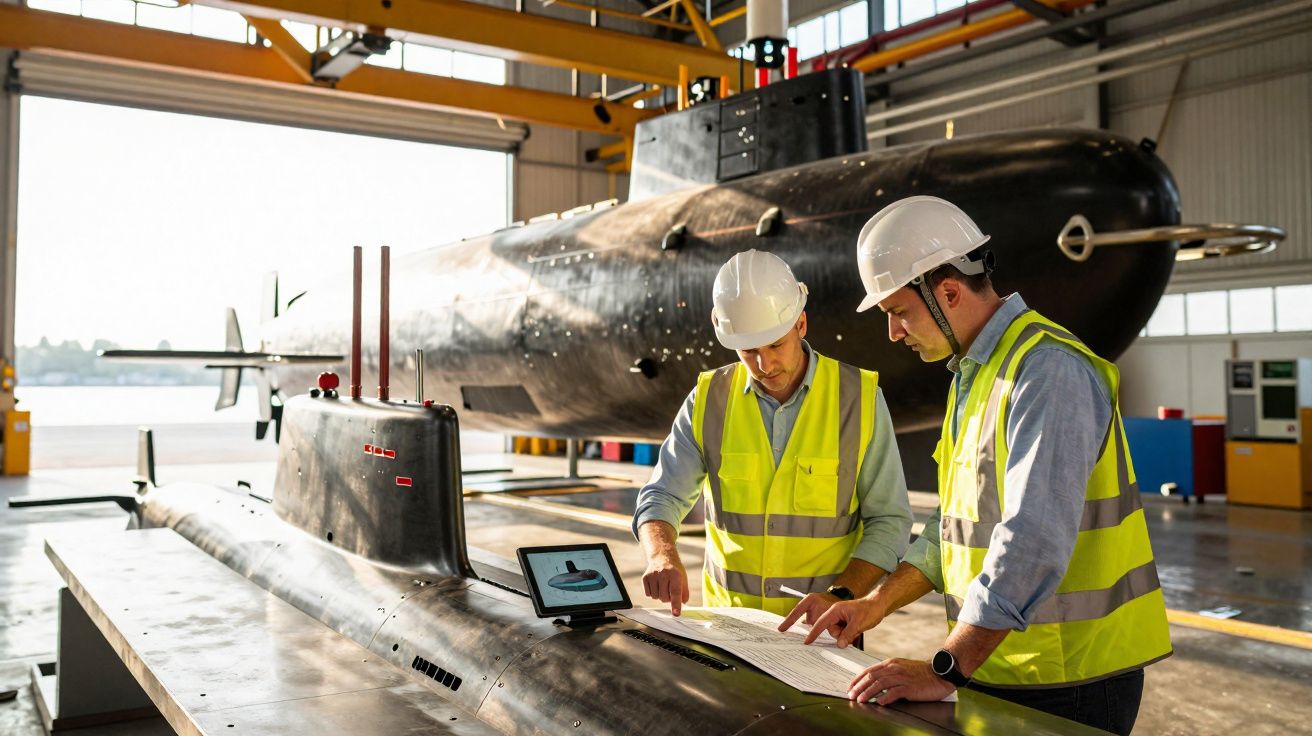 Dois engenheiros com coletes refletores e capacetes a analisar esquemas junto a um submarino num hangar.
