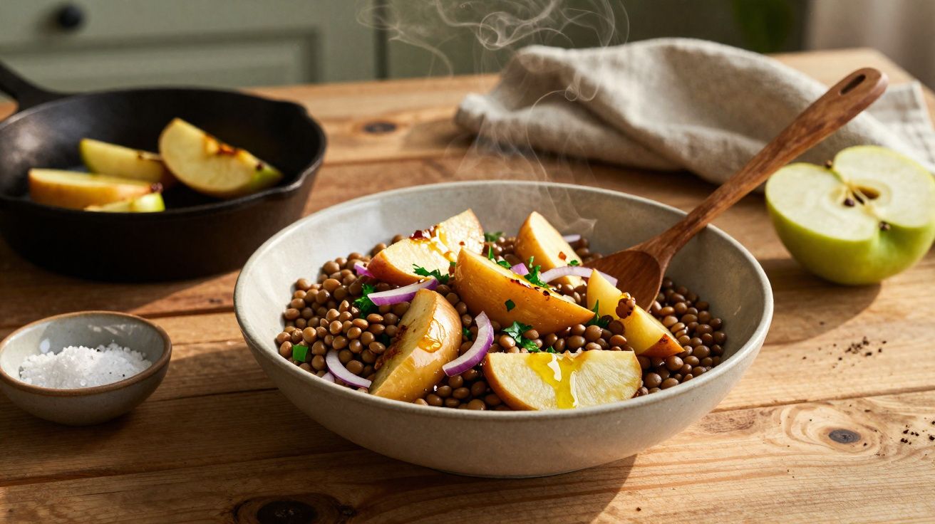 Salada quente de lentilhas com fatias de maçã, cebola roxa, salsa e azeite num prato cinzento.