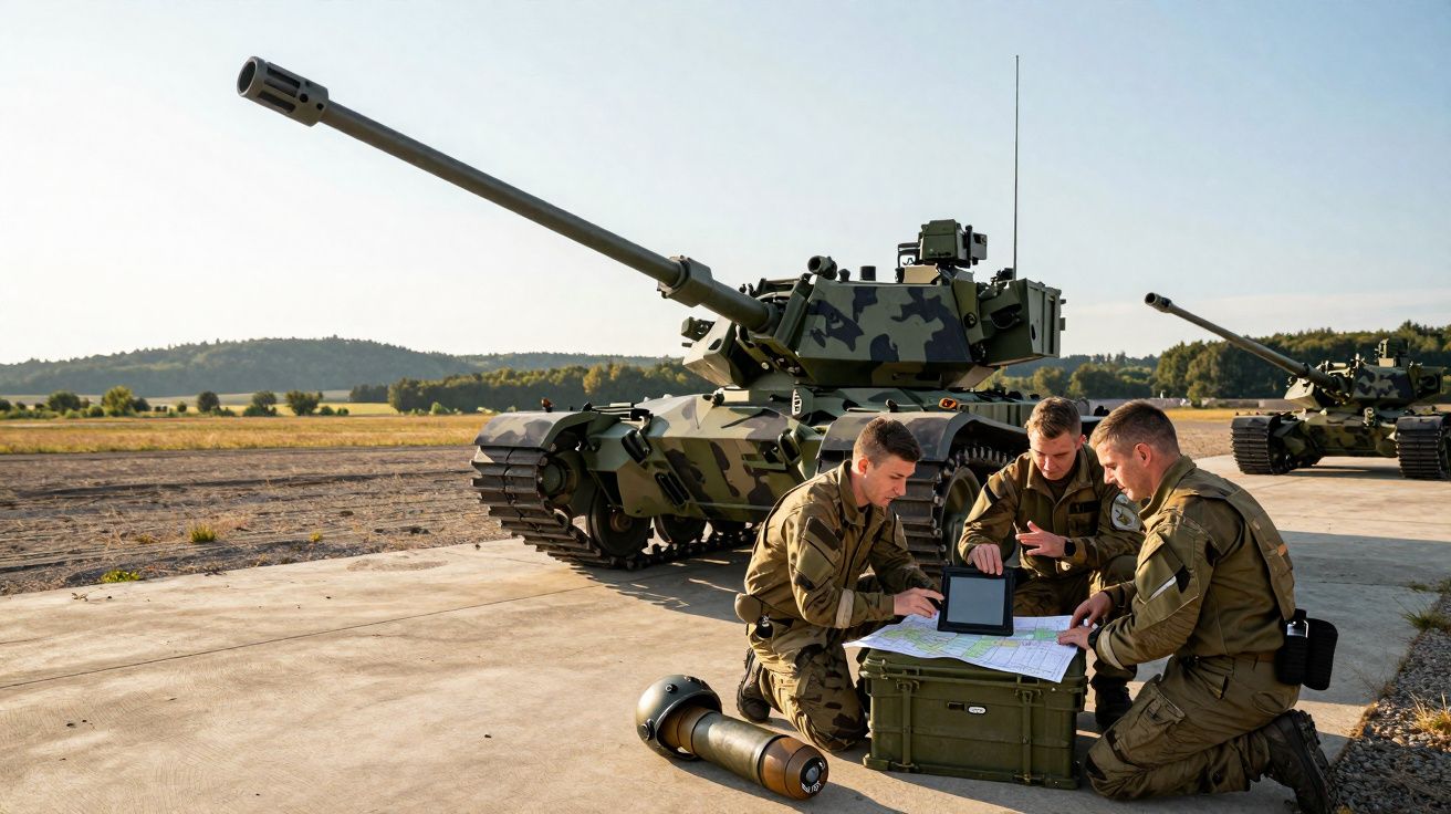 Três soldados em uniforme militar analisam mapas ao lado de tanques camuflados numa base ao ar livre.