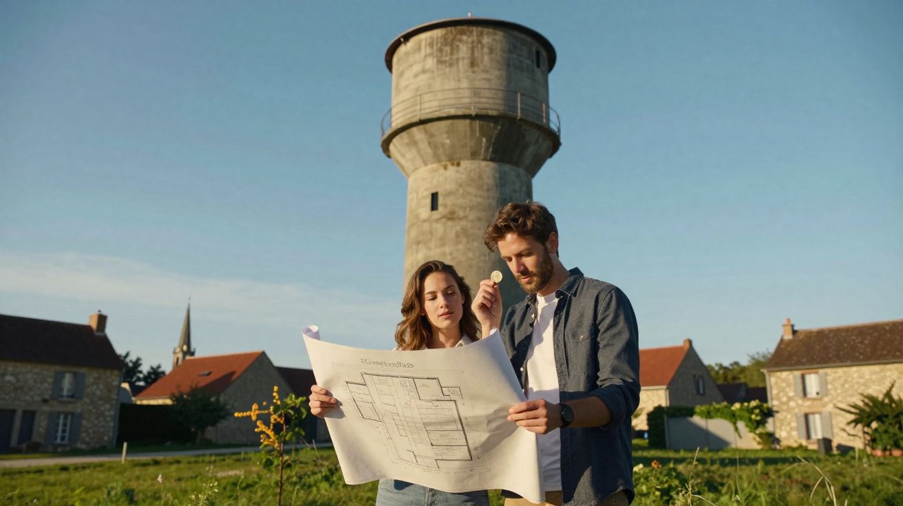 Casal a analisar plantas de construção ao ar livre com torre de água antiga e casas tradicionais ao fundo.