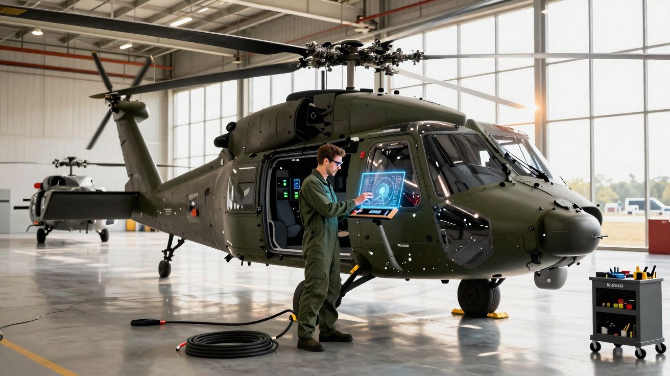 Técnico em macacão verde a reparar helicóptero militar dentro de hangar moderno, com equipamento digital.