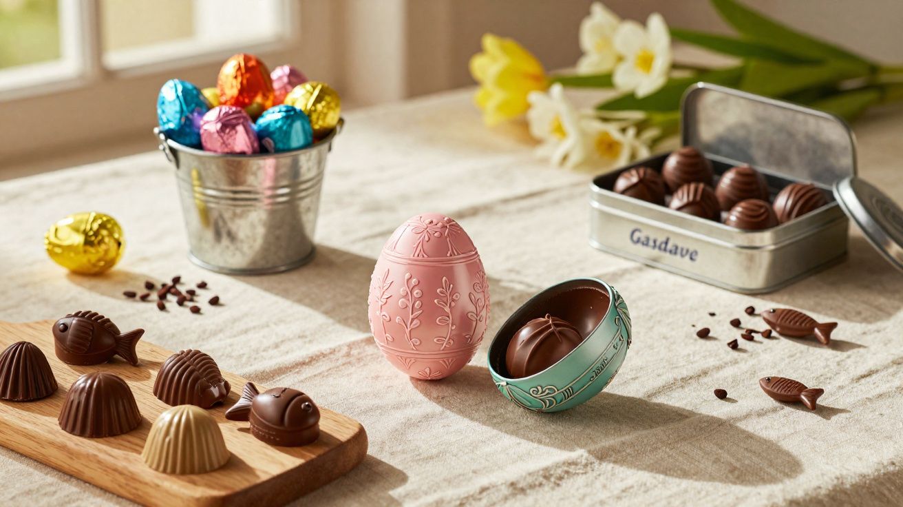 Ovos e bombons de chocolate, decorados e coloridos, sobre uma mesa com flores e luz natural.