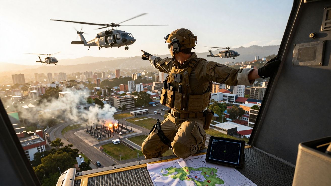 Soldado militar dentro de helicóptero, apontando para três helicópteros em voo sobre cidade com fogo e fumo.