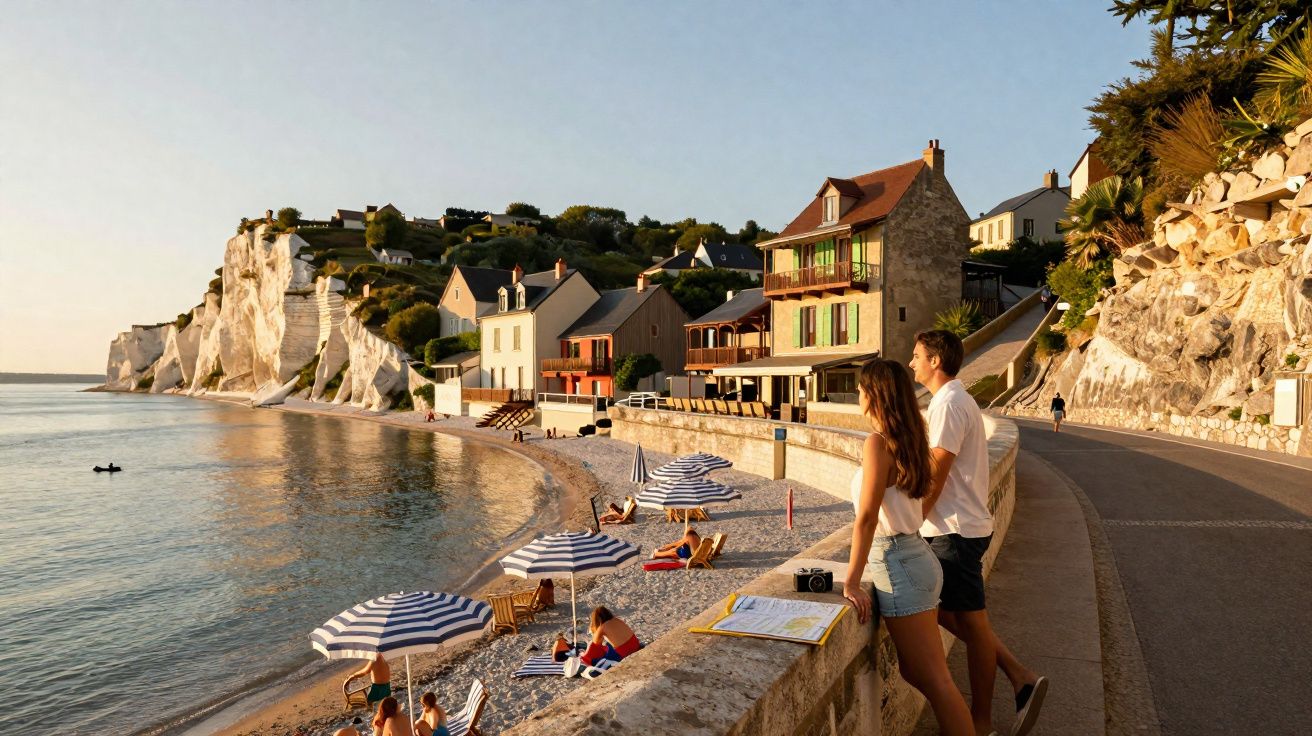 Casal observa a baía com casas típicas, praia, chapéus de sol e falésias ao pôr do sol.