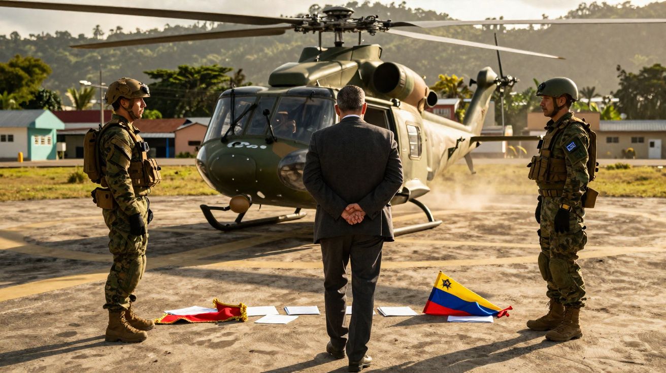 Homem de fato entre dois soldados em frente a um helicóptero militar estacionado no solo.