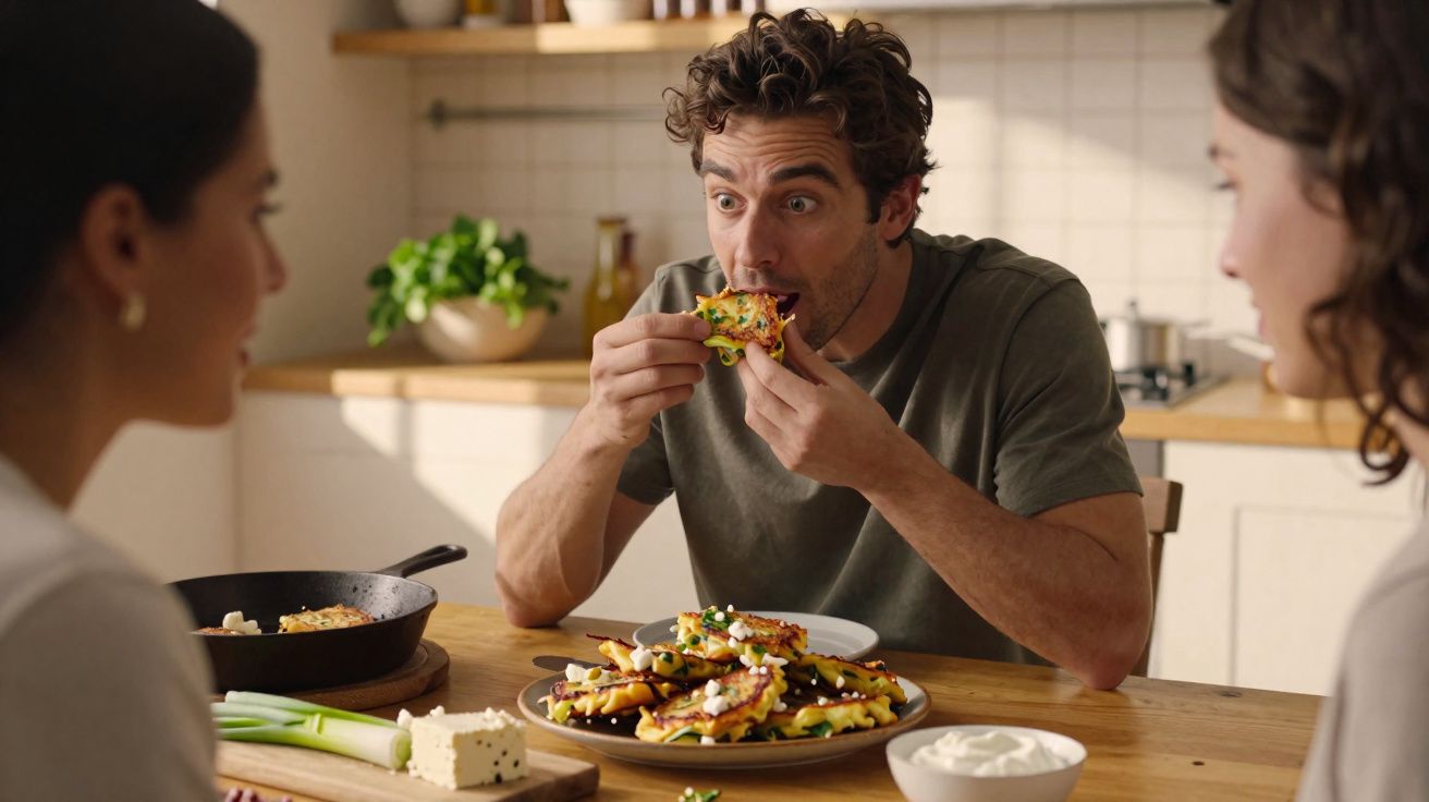 Homem a comer pizza acompanhado por duas mulheres numa mesa com vários pratos e ingredientes.