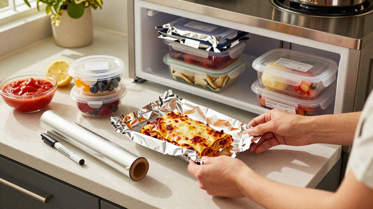 Pessoa a colocar uma refeição de lasanha embrulhada em folha de alumínio numa máquina de conservação a vácuo na cozinha.