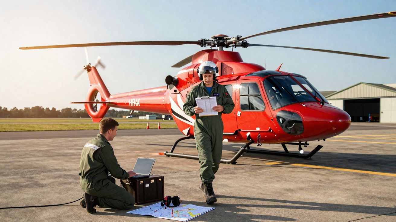 Dois pilotos em roupa de voo verde perto de helicóptero vermelho no aeroporto, com mapas e laptop no chão.