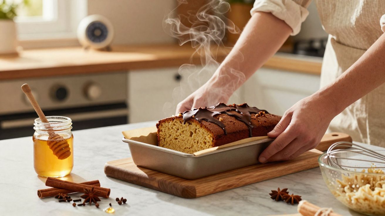 Pessoa a retirar do forno bolo quente com cobertura de chocolate numa cozinha iluminada.