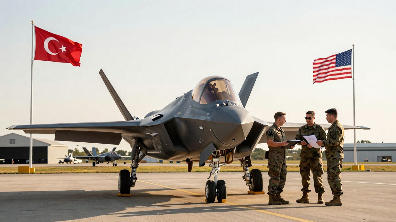 Avião militar estacionado entre bandeiras da Turquia e EUA com três soldados a discutir documentos.