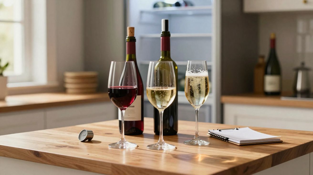 Mesa de madeira com duas garrafas de vinho e três copos, num ambiente de cozinha moderno.